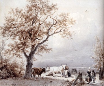 Kühe in sonnenbeschienenem Wiese Niederlande Landschaft Barend Cornelis Koekkoek Ölgemälde